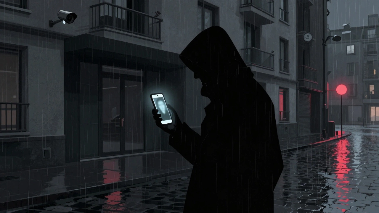A shadowy figure stands outside a Paris apartment building, phone glowing with a blurred profile, rain reflecting neon lights.
