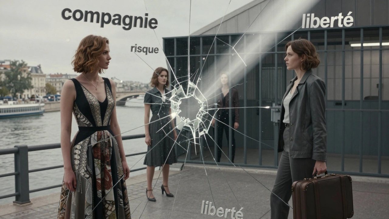 A shattered mirror reflects different lives of a woman—elegant, trapped, and fleeing—surrounded by French words.